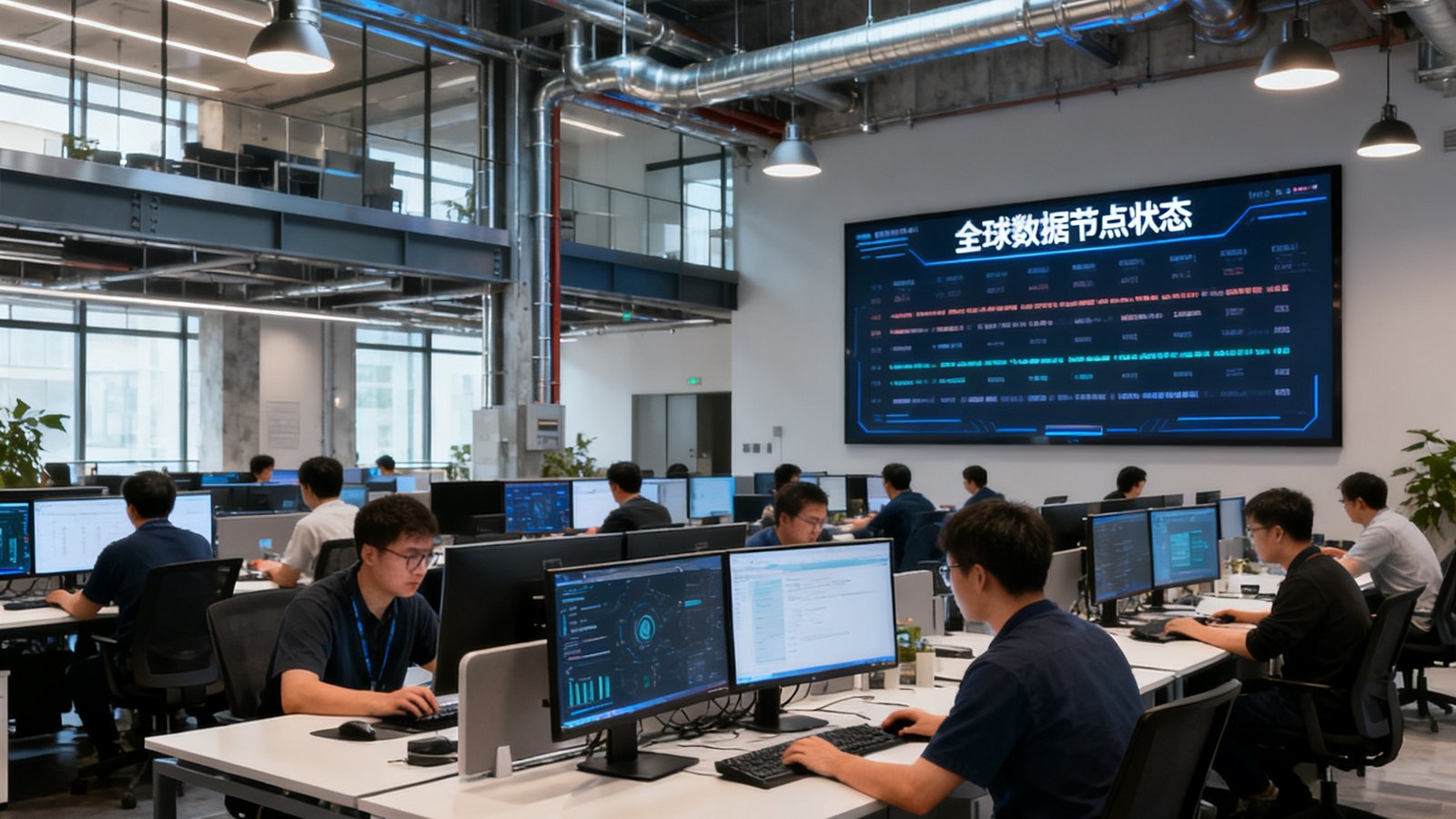 华体会HTH深圳南山总部开放式办公区，宽敞明亮的现代工业风空间内数十位工程师在双屏工作站前专注工作，墙面大屏滚动显示全球数据节点状态