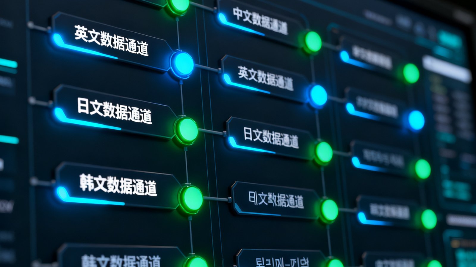 全球多语种数据分发控制台界面，显示中英日韩等多语言数据通道状态，青色与翠绿色指示灯标示各区域节点运行情况